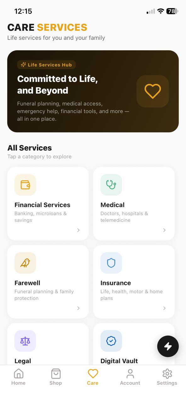 The Care Services screen of the Clique app, listing financial services, medical, farewell, insurance, legal and the digital vault