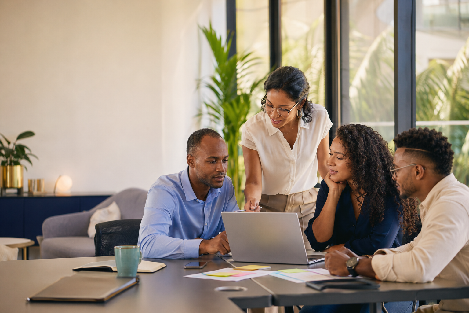 Clique team collaborating around a laptop